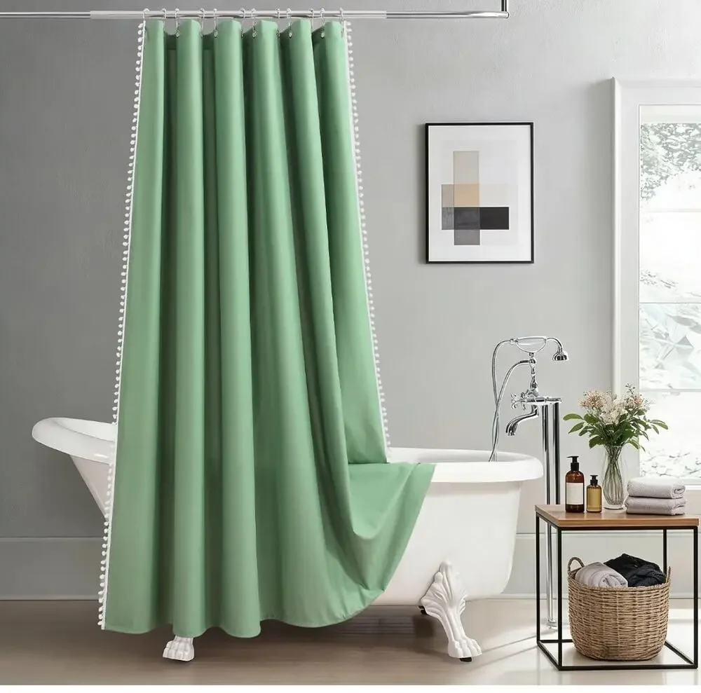 Boho Green Pom Pom Shower Curtain 72